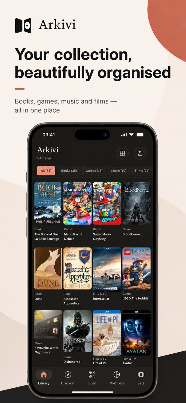 Arkivi dark library showing books, games, music, films, and TV