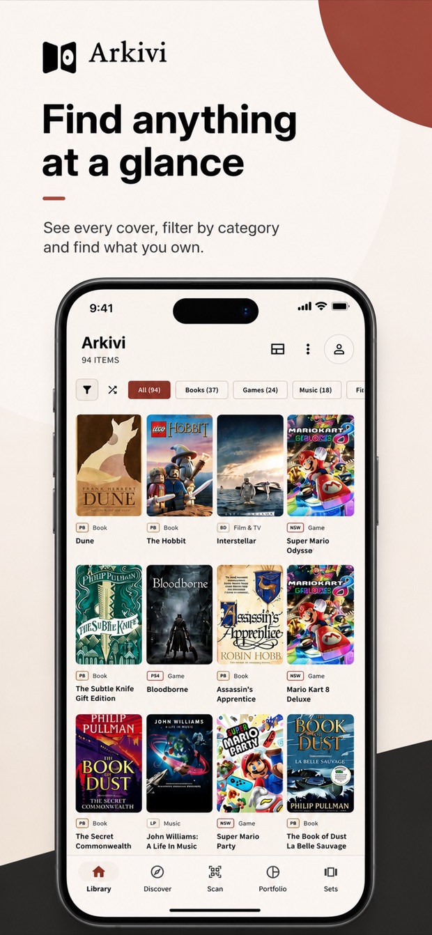 Arkivi light library with category filters and visual cover grid
