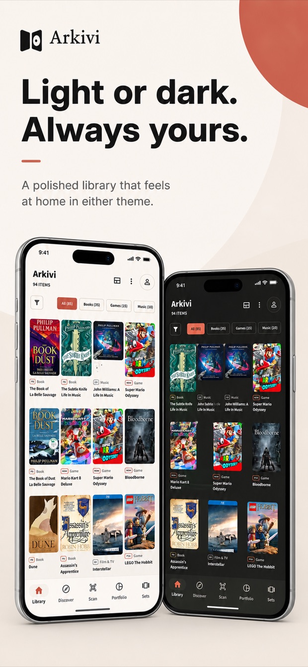 Arkivi library displayed in matching light and dark themes