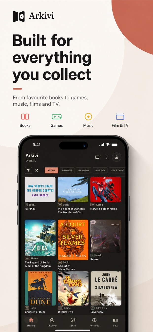 Arkivi collection containing books, games, music, films, and TV