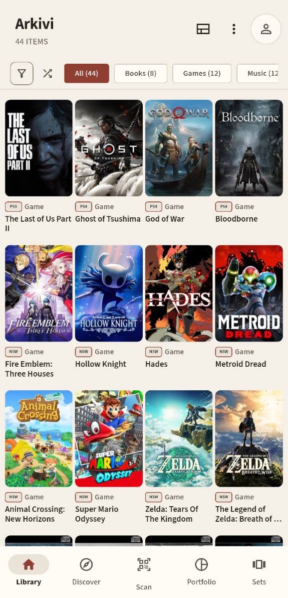 Arkivi Android library showing a grid of owned video games