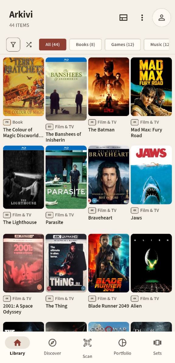 Arkivi Android library showing a grid of films and television