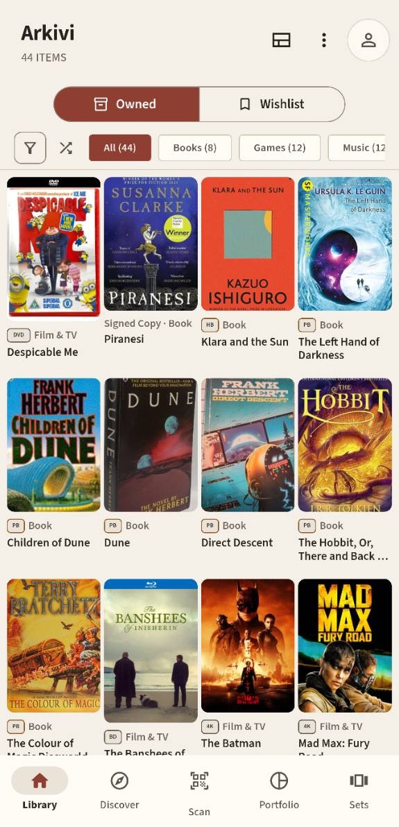Arkivi Android library with the Owned view selected above books and films