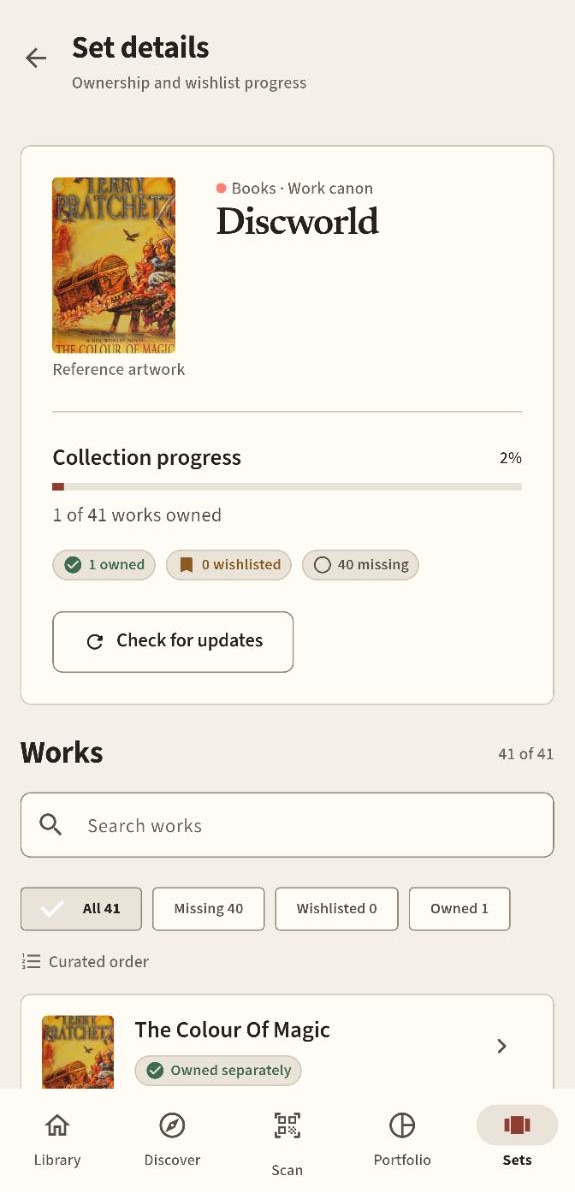 Arkivi Android series screen showing Discworld collection progress