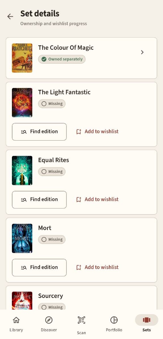 Arkivi Android series details listing owned and missing Discworld books