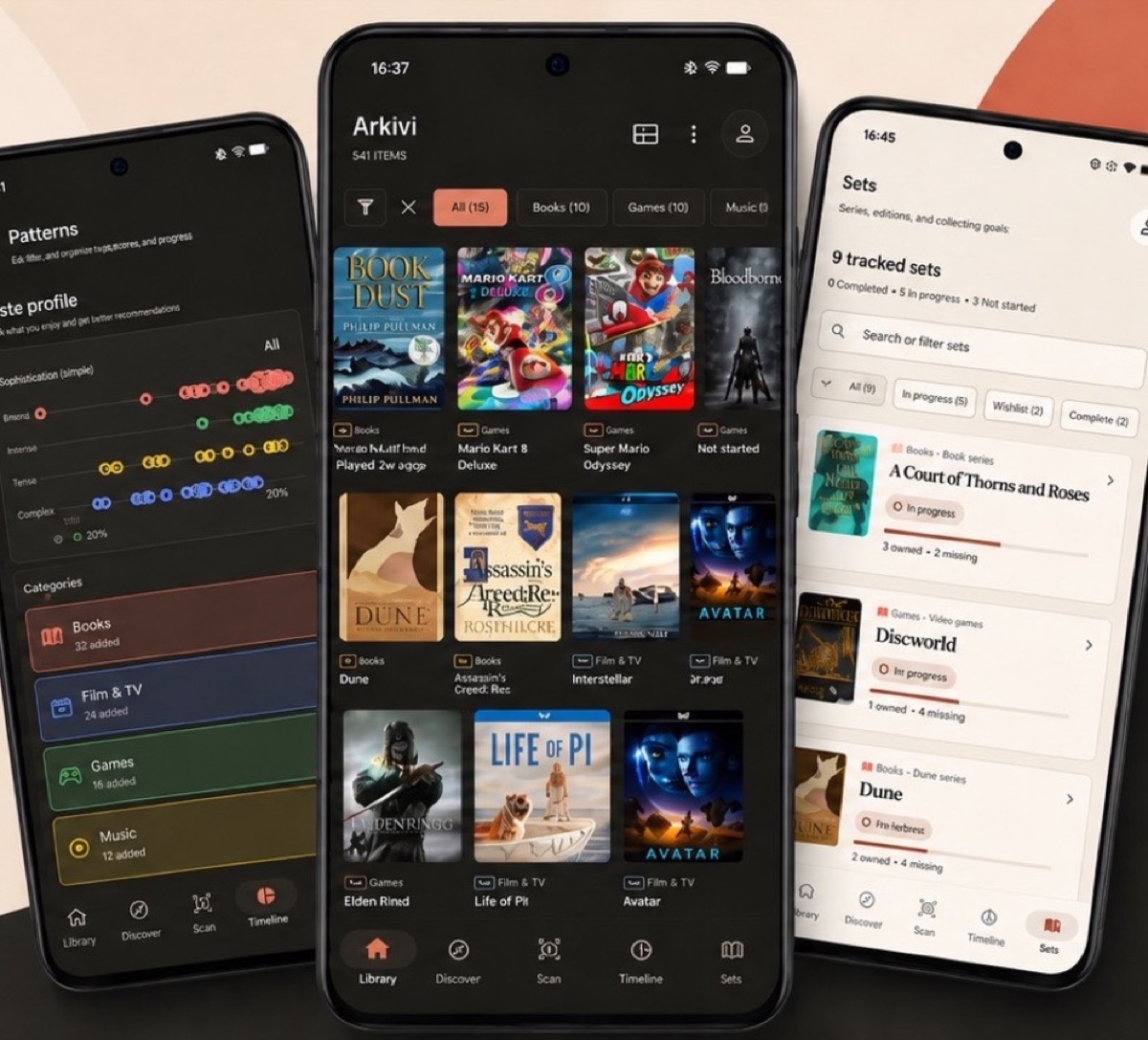 Arkivi collection, taste profile, and series tracking screens