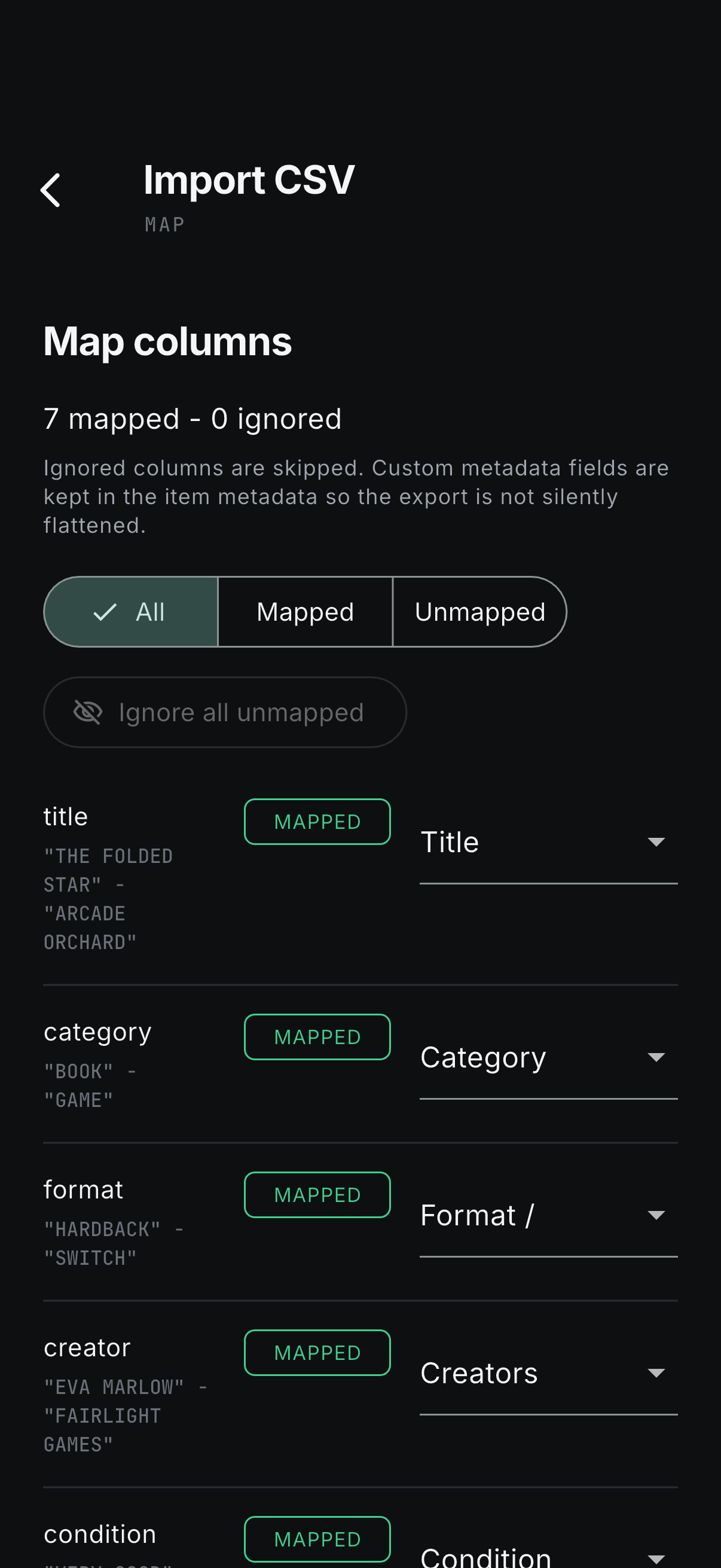 Arkivi CSV import screenshot